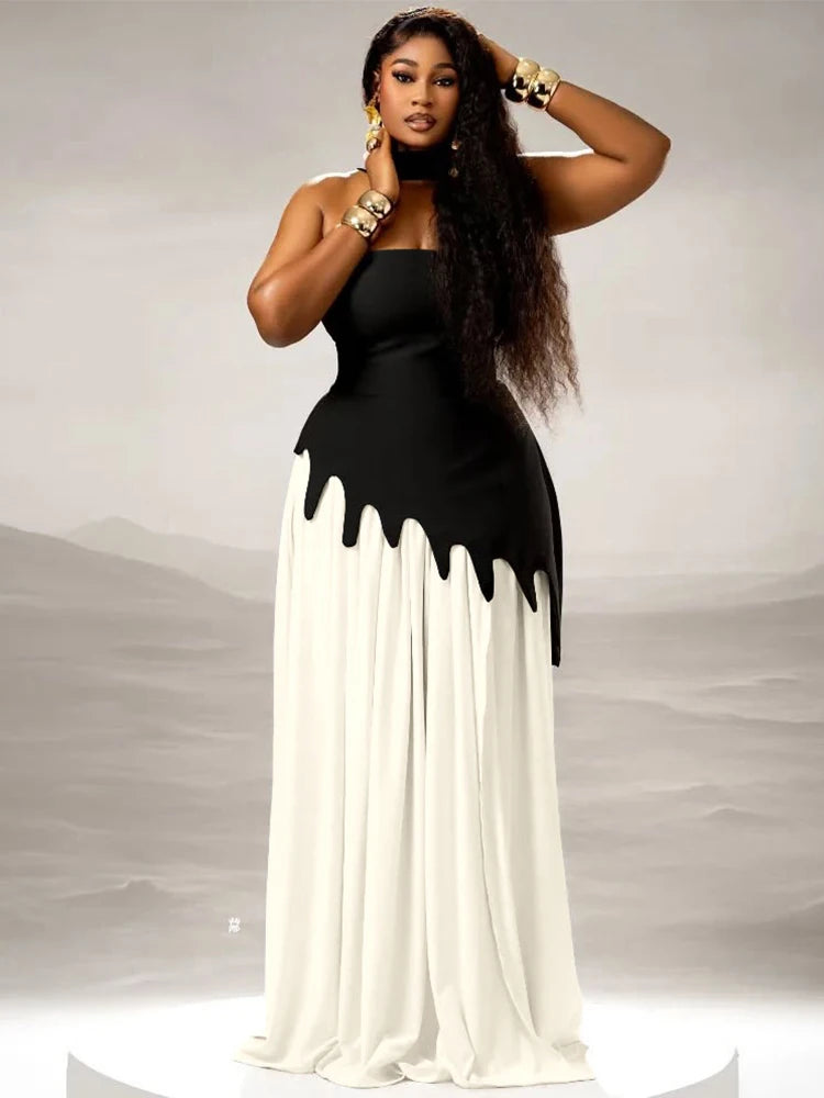 Weird Puss Strapless Dress+Scarf Women Irregular Patchwork Side Split Skinny Elegant Birthday Party Simple Basic Maxi Bodycon