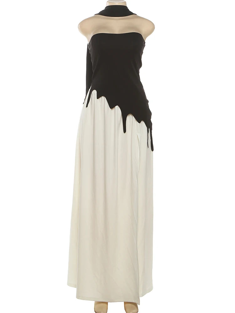 Weird Puss Strapless Dress+Scarf Women Irregular Patchwork Side Split Skinny Elegant Birthday Party Simple Basic Maxi Bodycon
