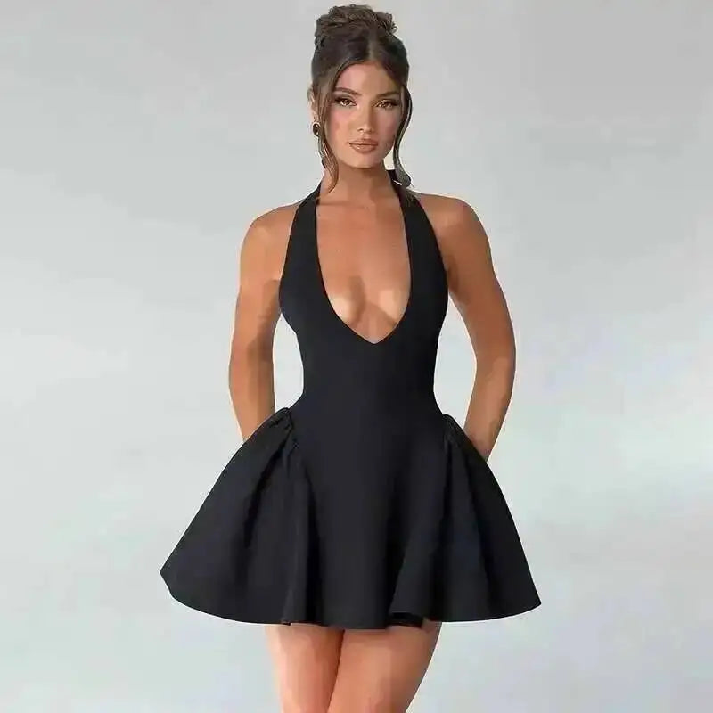 Townlike Waist Wrap A-line Pleated Dress Women Halter Mini 2024 Summer Dress V Neck Backless Nightclub Sexy Party Dresses