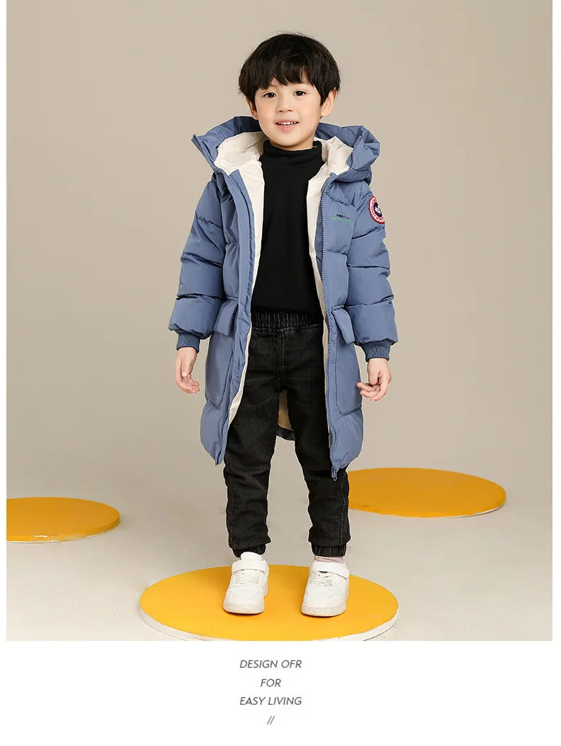 New Winter Boys Jacket Solid Color Mid-Length Keep Warm Cold Protection Hooded Down Cotton Windbreaker Coats For 3-10 Years