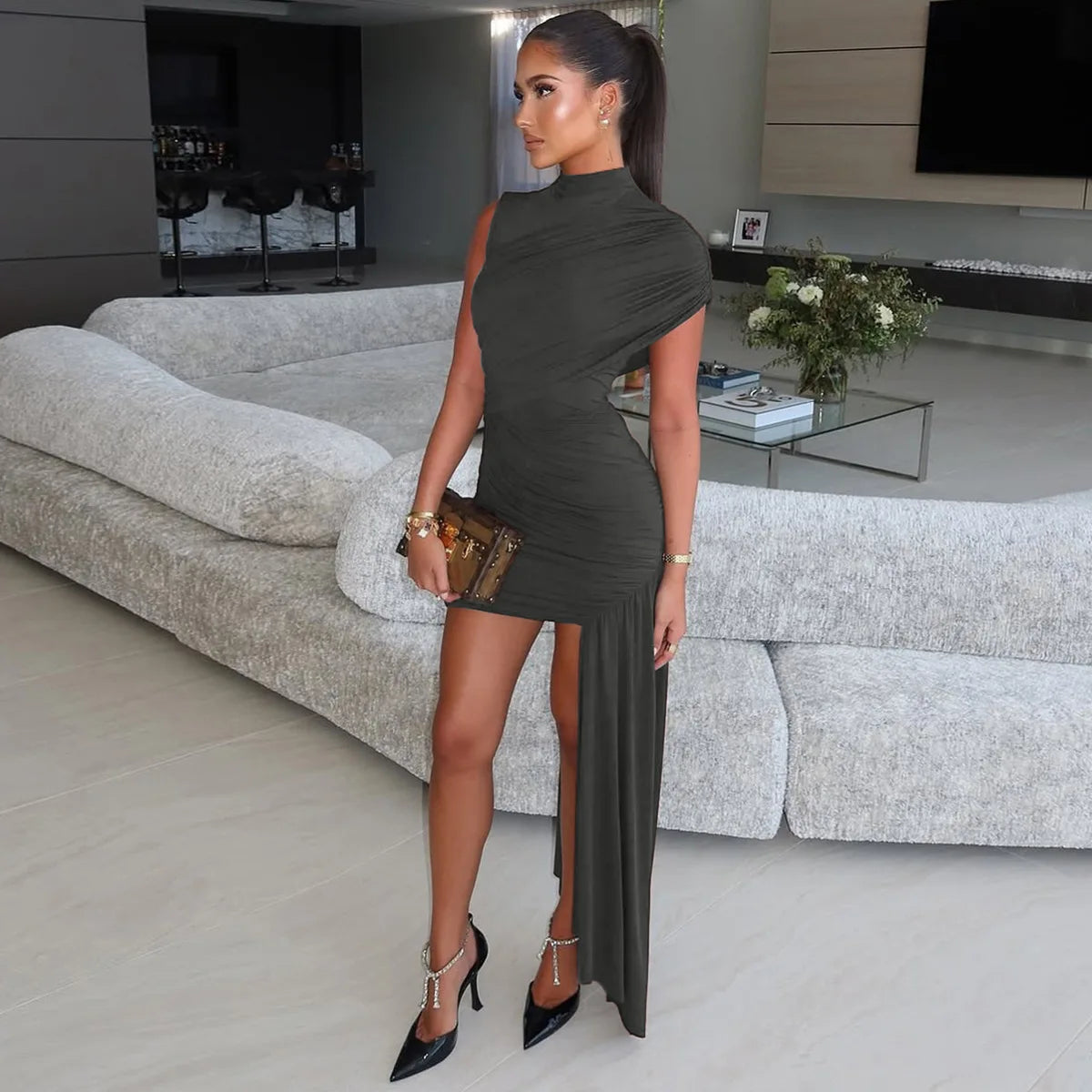 Irregular Draped Ruched Sexy Mini Dress For Women Elegant Turtleneck Sleeveless High Waist Pleated Club Party Dress