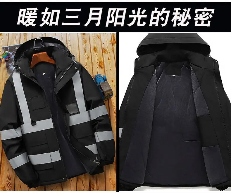 Winter Work Jacket Men, Waterproof Windproof Reflective Thermal Coat, Fleece Lined Abrasion Resistant Parka