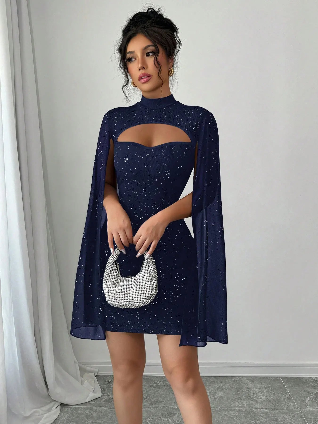 2025 Summer Women Outfit Fashion Elegant Pearl Chiffon Cloak Hip Short Dress Sequins Half High Collar Slim Evening Dress Female