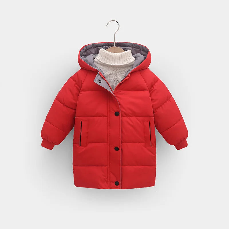 New Winter Boys Jacket Solid Color Mid-Length Keep Warm Cold Protection Hooded Down Cotton Windbreaker Coats For 3-10 Years