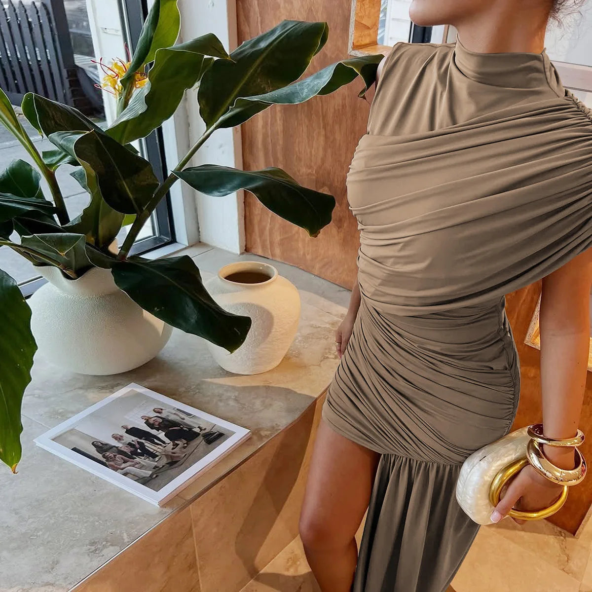 Irregular Draped Ruched Sexy Mini Dress For Women Elegant Turtleneck Sleeveless High Waist Pleated Club Party Dress