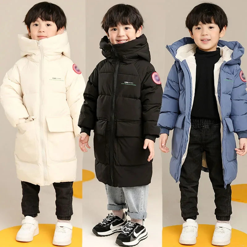 New Winter Boys Jacket Solid Color Mid-Length Keep Warm Cold Protection Hooded Down Cotton Windbreaker Coats For 3-10 Years