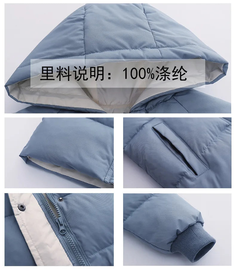 New Winter Boys Jacket Solid Color Mid-Length Keep Warm Cold Protection Hooded Down Cotton Windbreaker Coats For 3-10 Years