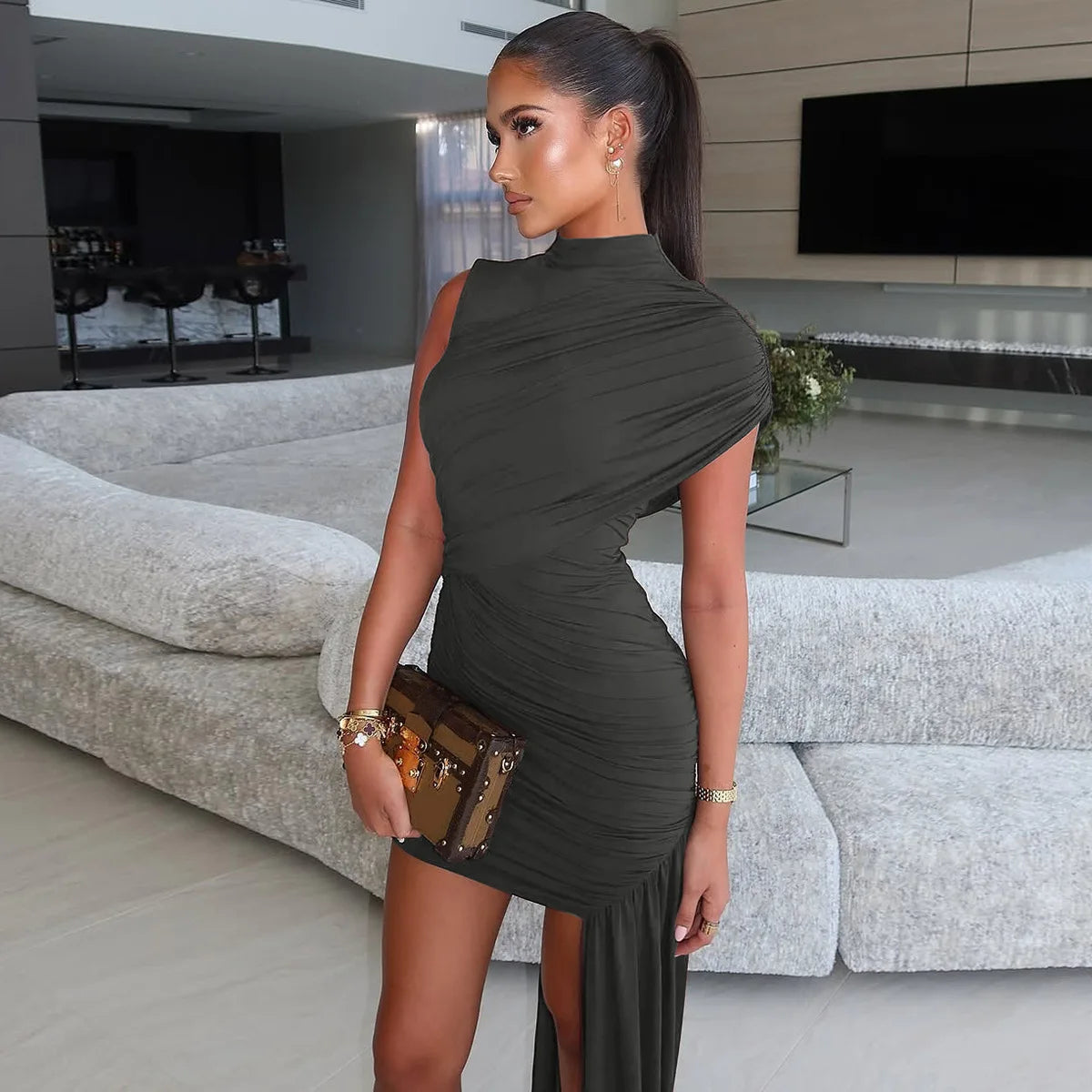 Irregular Draped Ruched Sexy Mini Dress For Women Elegant Turtleneck Sleeveless High Waist Pleated Club Party Dress