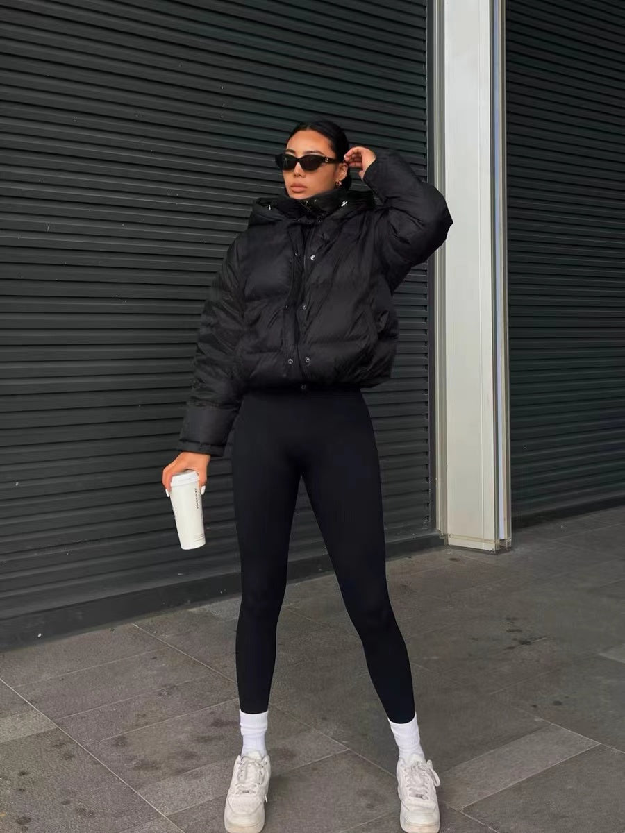 [Winter|Jacket] Stylish Black Women's Hooded Puffer Jacket | Casual Short Warm Outerwear | with Drawstring Design, Long Sleeves, and Button-Up Front for Winter Comfort