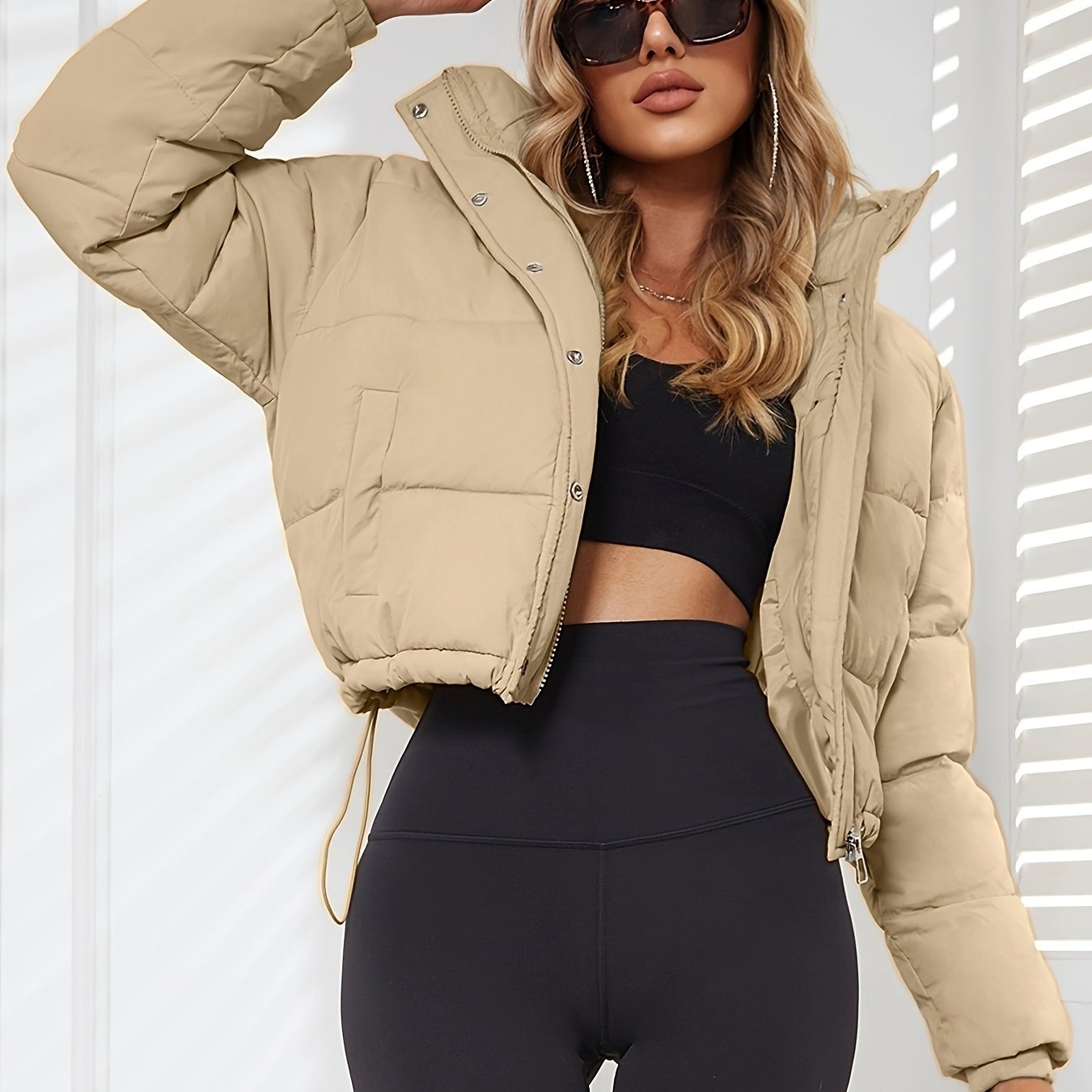 [Winter|Jacket] Stylish Black Women's Hooded Puffer Jacket | Casual Short Warm Outerwear | with Drawstring Design, Long Sleeves, and Button-Up Front for Winter Comfort
