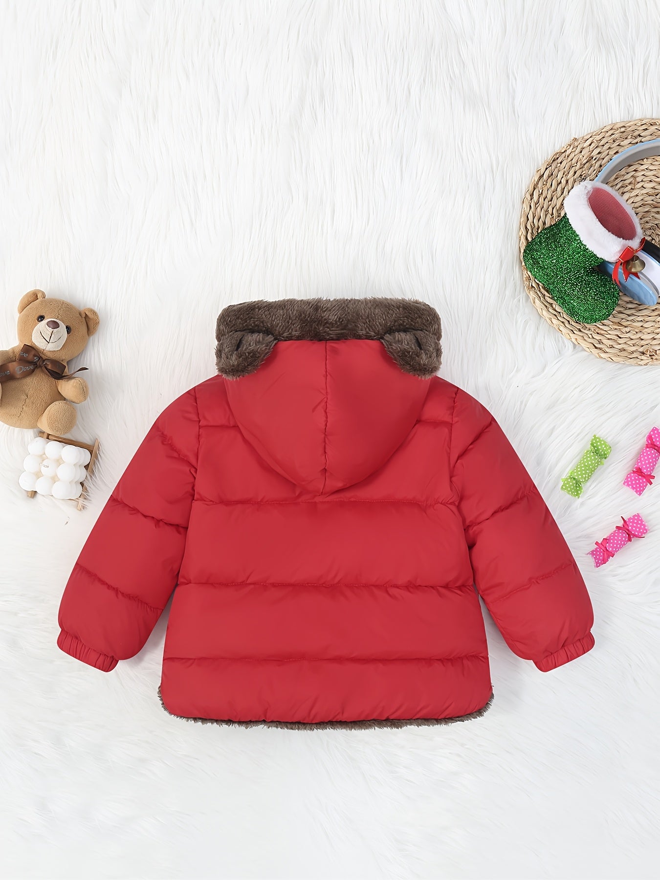Kids' Cute Bear Ears Fleece Coat, Polyester 100% Long Sleeve Casual Jacket with Cardigan Collar, Solid Color, Fall/Winter Outerwear with Pockets for Boys and Girls