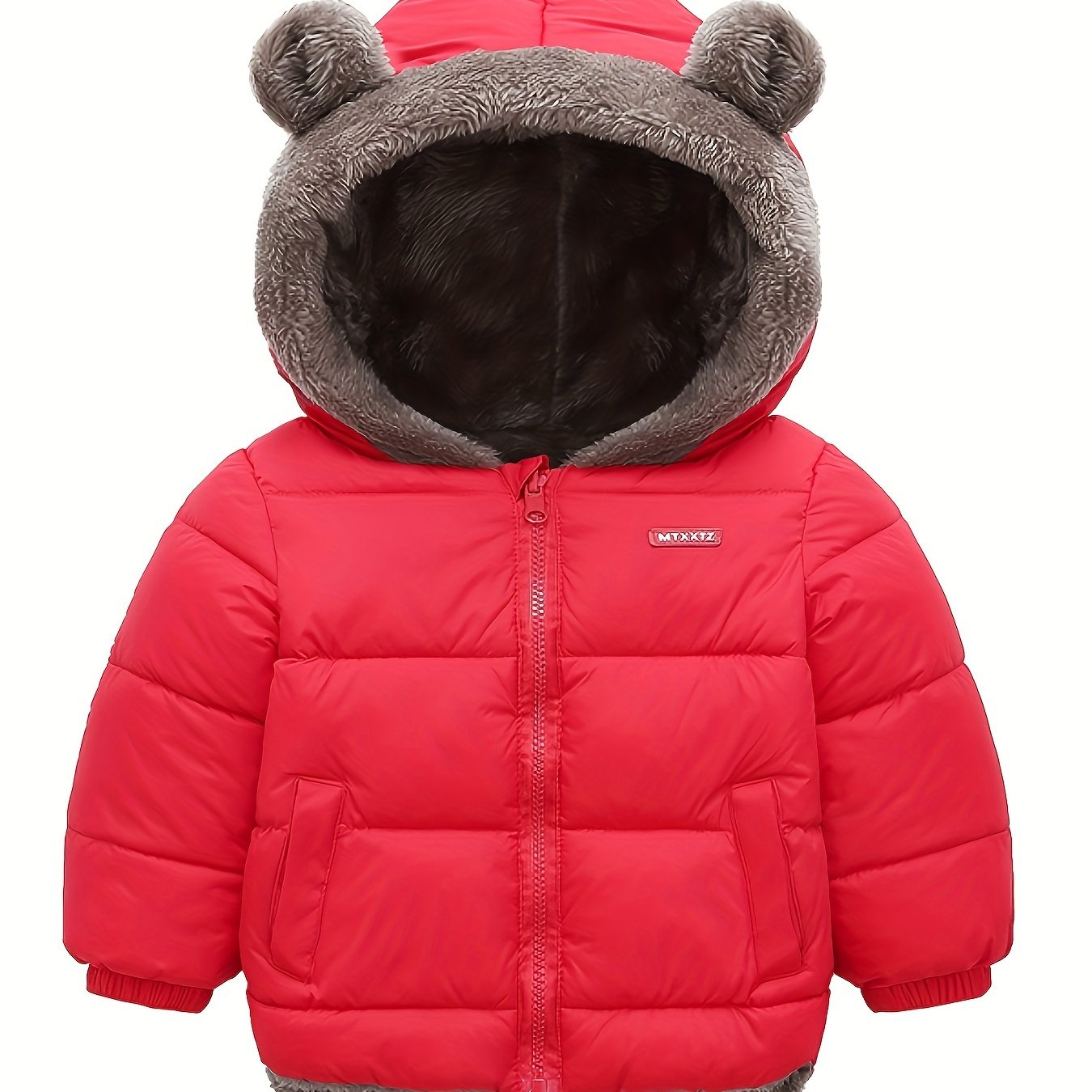 Kids' Cute Bear Ears Fleece Coat, Polyester 100% Long Sleeve Casual Jacket with Cardigan Collar, Solid Color, Fall/Winter Outerwear with Pockets for Boys and Girls