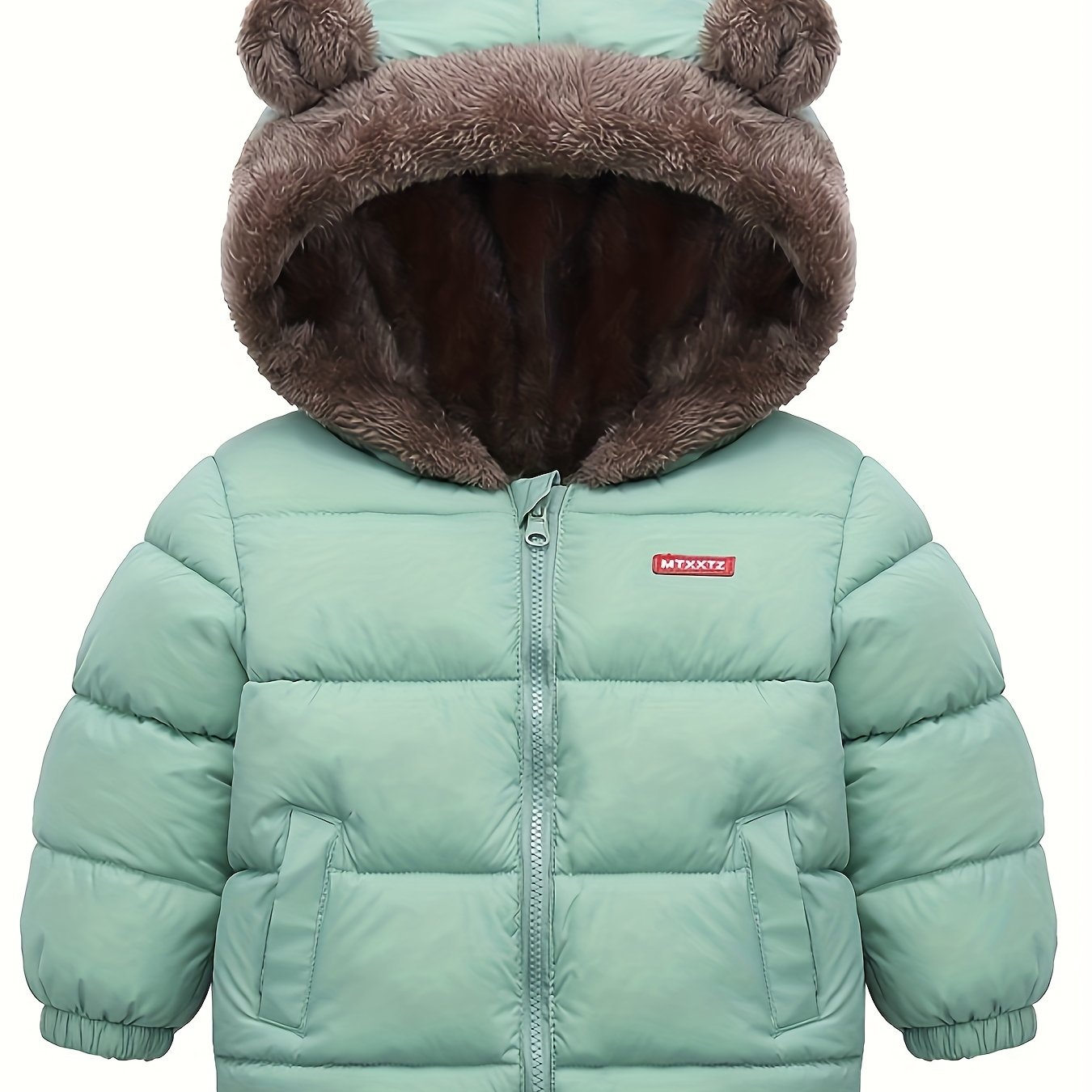 Kids' Cute Bear Ears Fleece Coat, Polyester 100% Long Sleeve Casual Jacket with Cardigan Collar, Solid Color, Fall/Winter Outerwear with Pockets for Boys and Girls